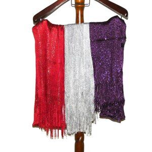 Metallic Mesh Fashion Scarves Set of 3 Red Silver Purple